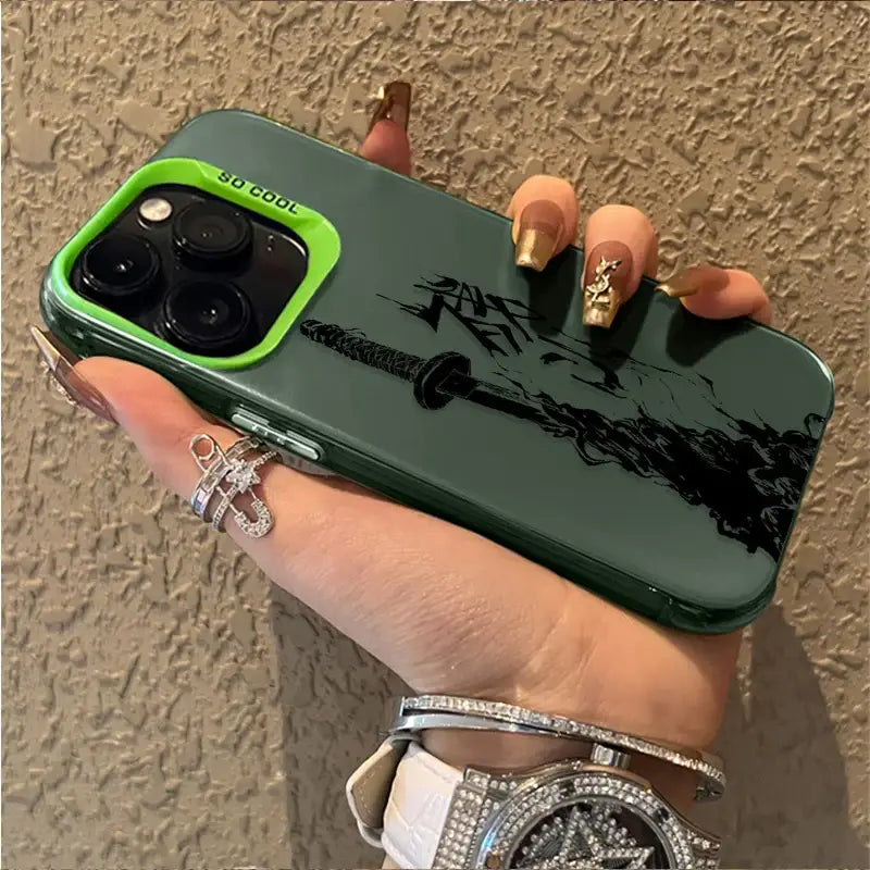 Back side of green bleach ichigo phone case with black sword design and neon green shockproof tpu cover frame