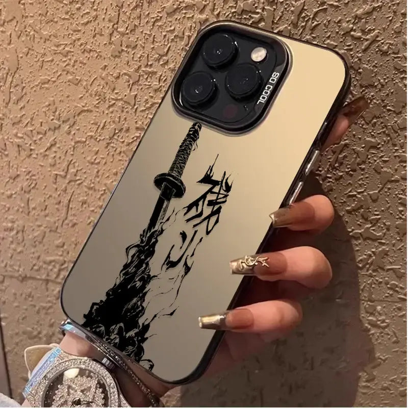 Back side of a sleek mirrored gold bleach ichigo phone shockproof tpu cover with black ink style sword and japanese characters
