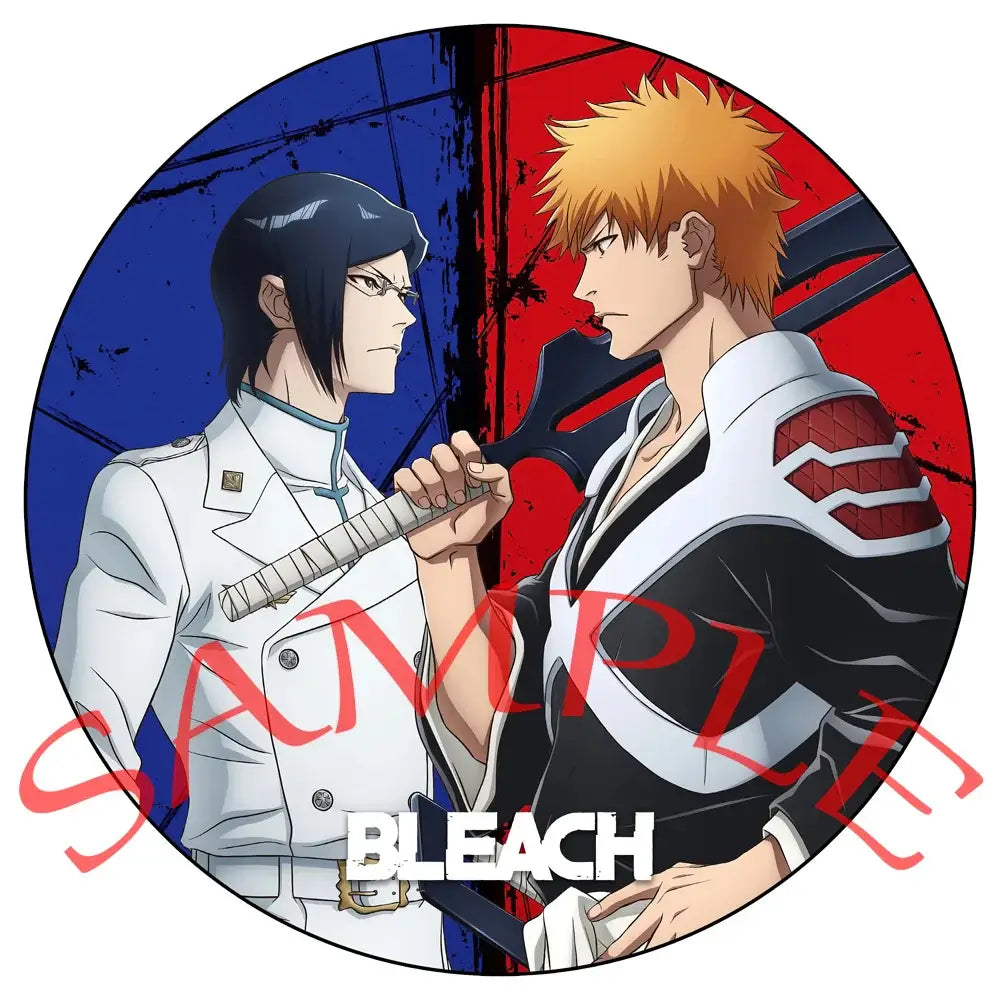 Circular bleach enamel badge set featuring ichigo and a white uniformed character on blue and red background pin set