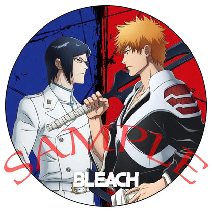 Circular bleach enamel badge set featuring ichigo and a white uniformed character on blue and red background pin set