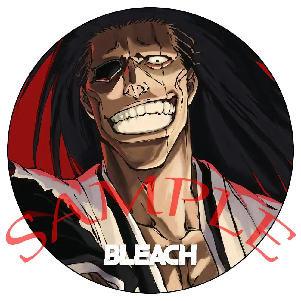 Circular enamel badge set featuring bleach ichigo with long black hair scarred face and eye patch wearing white red stripes