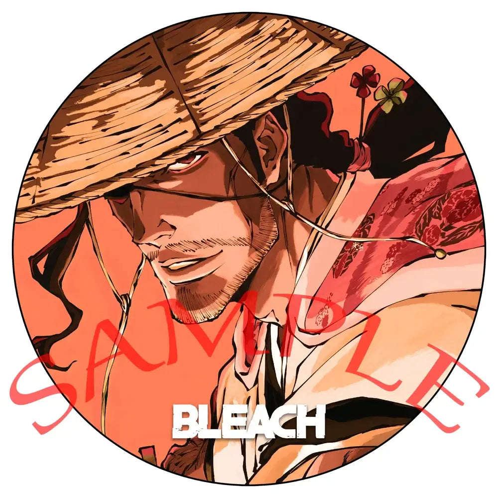 Circular enamel badge featuring a man in a straw hat with red and black hair from bleach ichigo pin set against orange background