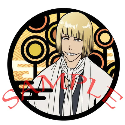 Circular enamel badge set featuring bleach ichigo with blonde bob hair in white robe against geometric background pin set