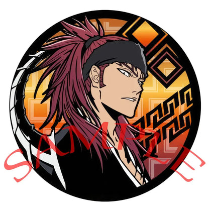 Circular enamel badge featuring bleach ichigo with spiky maroon hair on an orange and gold geometric background pin set