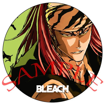 Circular enamel badge set featuring bleach ichigo anime character with red hair and tiger-striped headband in black and white line art against green background for pin set collection
