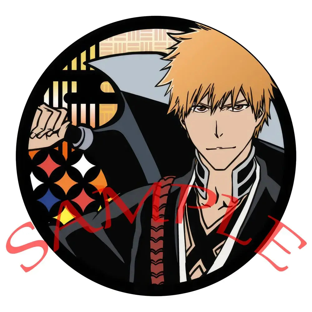Circular enamel badge featuring bleach ichigo with spiky orange hair and sword in a collectible pin set background