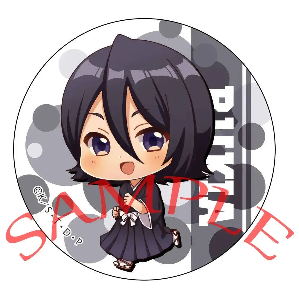 Bleach ichigo pin set featuring a chibi anime character with black hair and purple eyes in a gray badge set