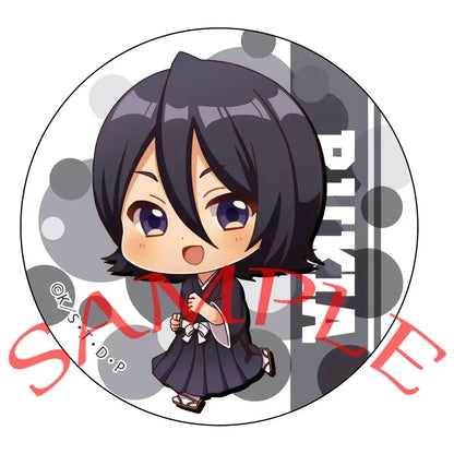 Bleach ichigo pin set featuring a chibi anime character with black hair and purple eyes in a gray badge set