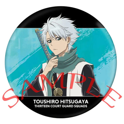 Circular enamel badge featuring bleach ichigo with spiky white hair and green scarf in pin set and badge set