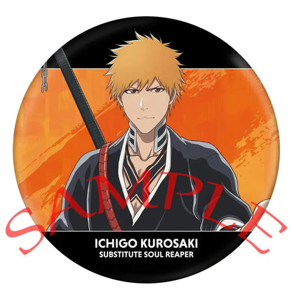 Circular enamel badge featuring ichigo kurosaki with spiky orange hair from bleach in an orange background pin set