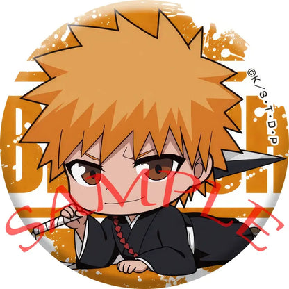Orange spiky-haired chibi ichigo enamel badge set with brown eyes and black outfit holding white object pin set