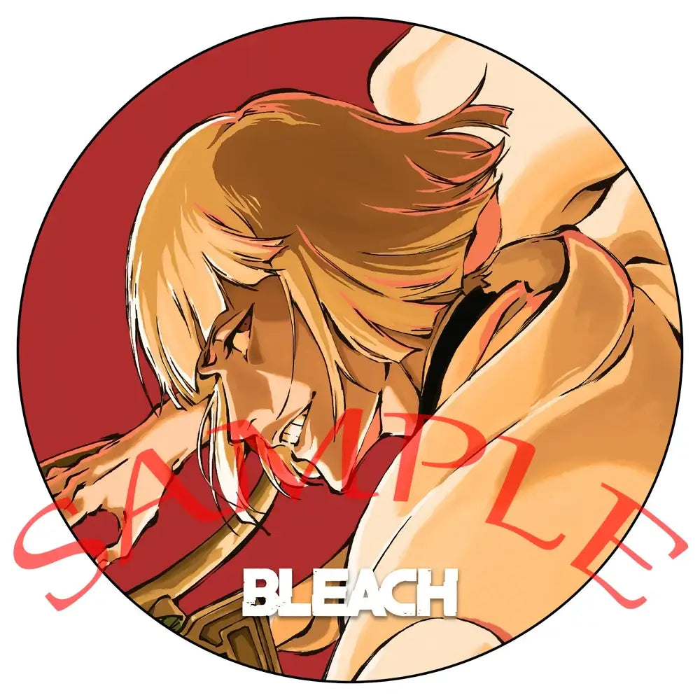 Bleach Ichigo enamel badge set featuring a circular pin with blonde anime character on maroon background