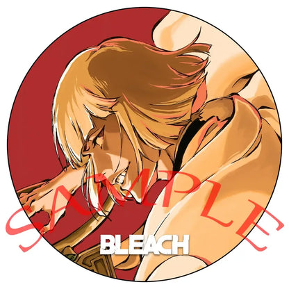 Bleach Ichigo enamel badge set featuring a circular pin with blonde anime character on maroon background