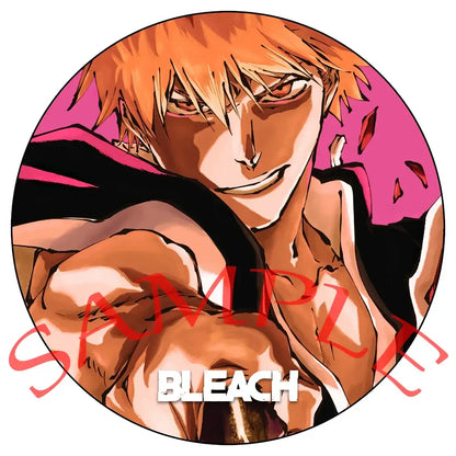 Circular enamel badge featuring bleach anime ichigo with spiky orange hair on a vibrant pink background pin set