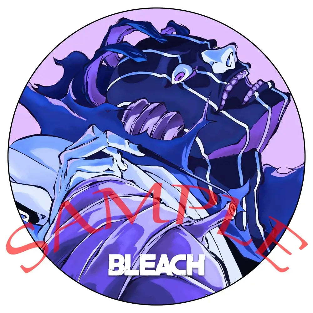 Purple and blue anime character enamel badge with bleach text featured in bleach ichigo pin set badge set