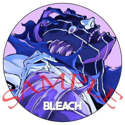 Purple and blue anime character enamel badge with bleach text featured in bleach ichigo pin set badge set