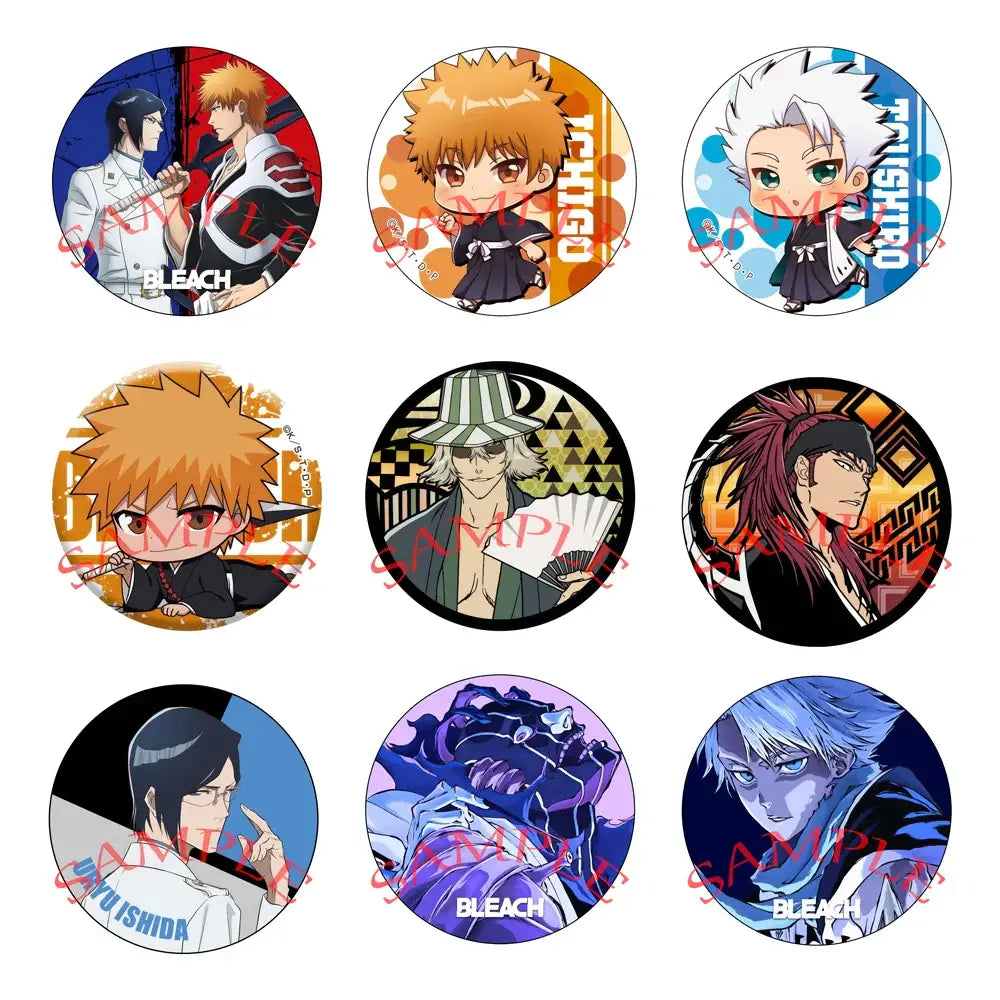 Set of nine colorful enamel bleach ichigo pin set badges featuring chibi and detailed anime character designs