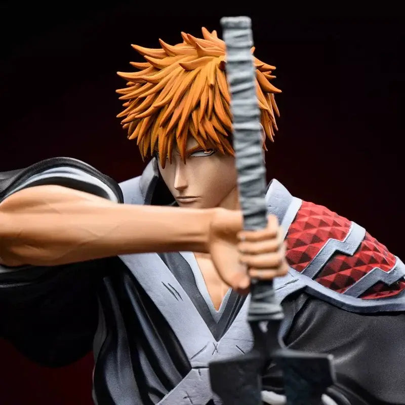 Bleach ichigo pvc statue 35cm featuring orange spiky hair and red geometric armor from thousand-year blood war holding dual grey blades