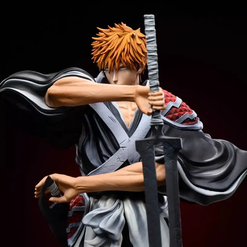 Bleach ichigo pvc statue with orange spiky hair in black gray robe holding dual blade sword from thousand-year blood war