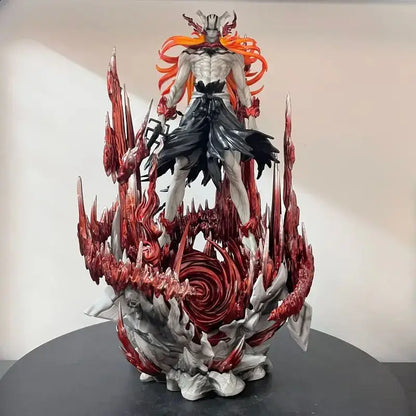 Bleach Ichigo and Ulquiorra 33cm resin statue featuring muscular orange-haired character on red and gray flame base