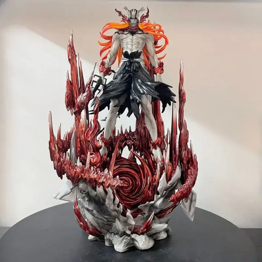 Bleach Ichigo and Ulquiorra 33cm resin statue featuring muscular orange-haired character on red and gray flame base
