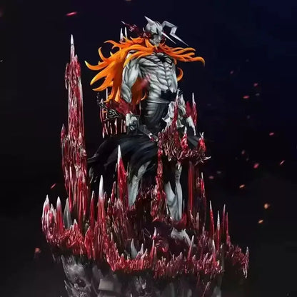 Bleach ichigo and ulquiorra pvc figure with muscular skeletal warrior, vibrant orange hair, black armor on red crystalline base