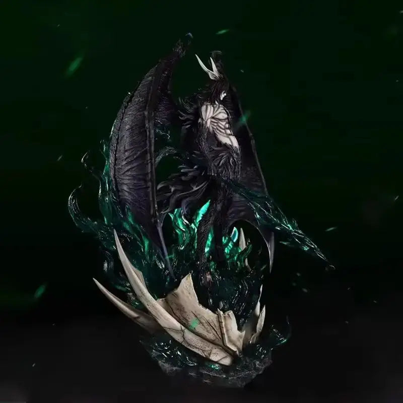 Bleach ichigo and ulquiorra pvc figure featuring a dark-winged horned fantasy design with glowing green energy effects and textured base