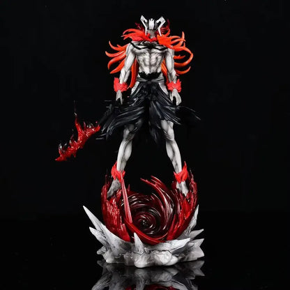 Red and black armored ichigo pvc statue with flowing orange red hair standing on a swirling red base 30cm tall