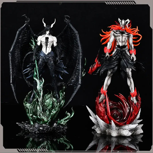 Bleach ichigo and ulquiorra pvc statue with black wings green base and red flames white spikes detailed 30cm figures