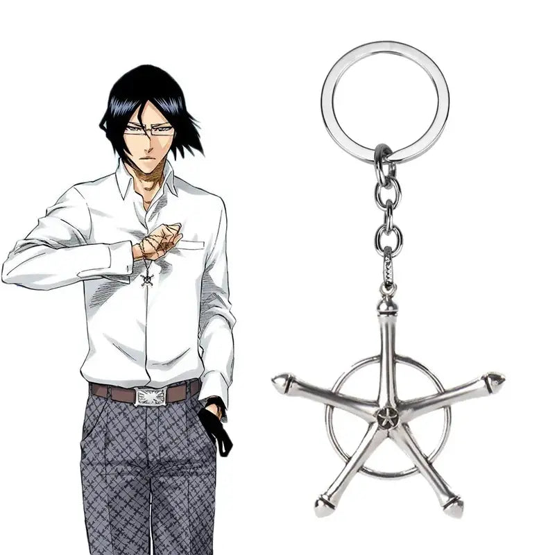 Silver metallic keychain pendant shaped like a five-pointed star with bleach ishida uryuu anime illustration