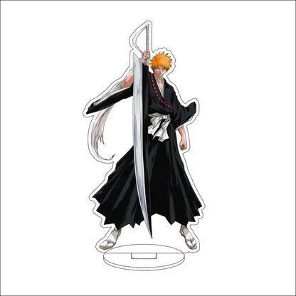 Black and white acrylic stand figure of ichigo kurosaki from bleach holding zanpakutō sword in bleach isshin yuzu michiru set