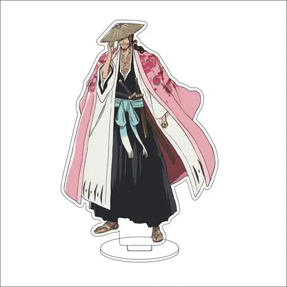 Translucent acrylic stand figure of kenpachi zaraki in black and white uniform with pink floral robe from bleach product line