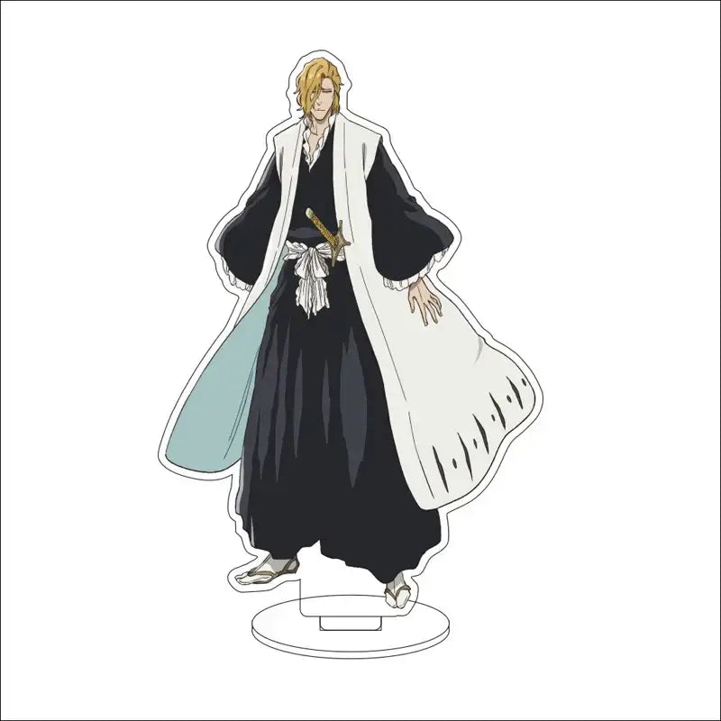Black and white acrylic stand figure of ichigo kurosaki in shinigami uniform with sword from bleach isshin yuzu michiru set