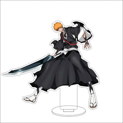 Black and white acrylic stand of ichigo kurosaki in shinigami uniform holding sword from bleach acrylic stand figures