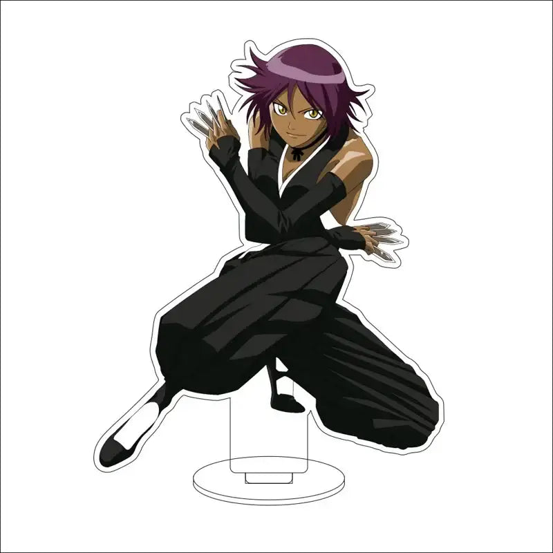 Purple-haired bleach anime character acrylic stand figure in dynamic pose with black and white claw gloves