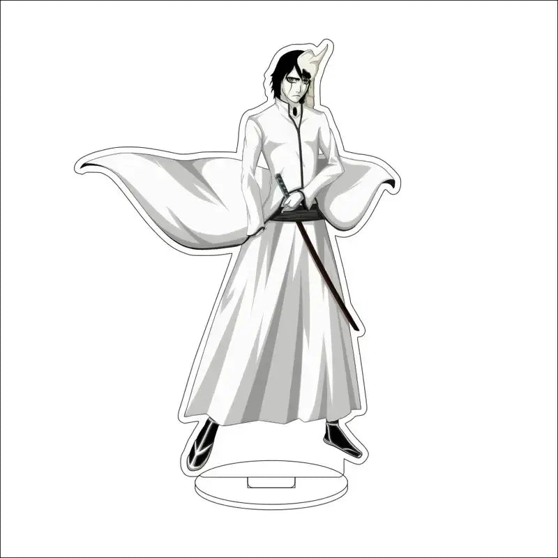 White acrylic stand figure of bleach isshin yuzu michiru anime character in long white robe with sword at side