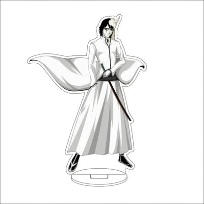 White acrylic stand figure of bleach isshin yuzu michiru anime character in long white robe with sword at side