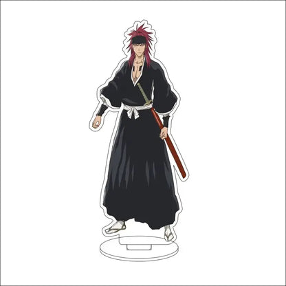 Black acrylic stand acrylic stand figure of renji abarai from bleach with red hair and black shinigami uniform white obi belt