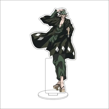 Black and green diamond-patterned acrylic stand featuring isshin yuzu michiru from bleach in flowing coat and wooden sandals