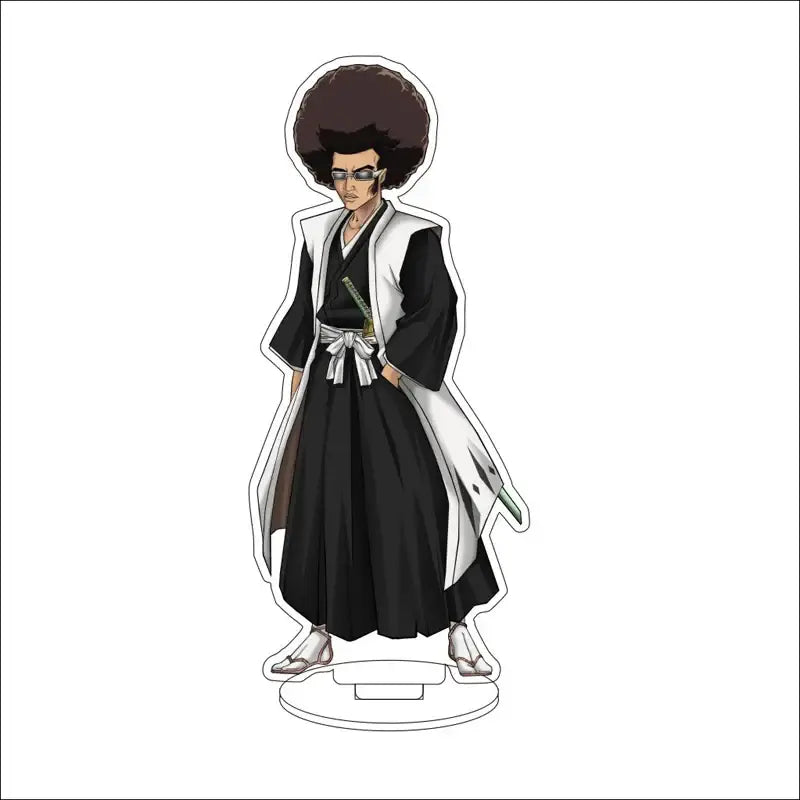 Black and white bleach isshin yuzu michiru acrylic stand figure with afro hairstyle in traditional robe on clear base