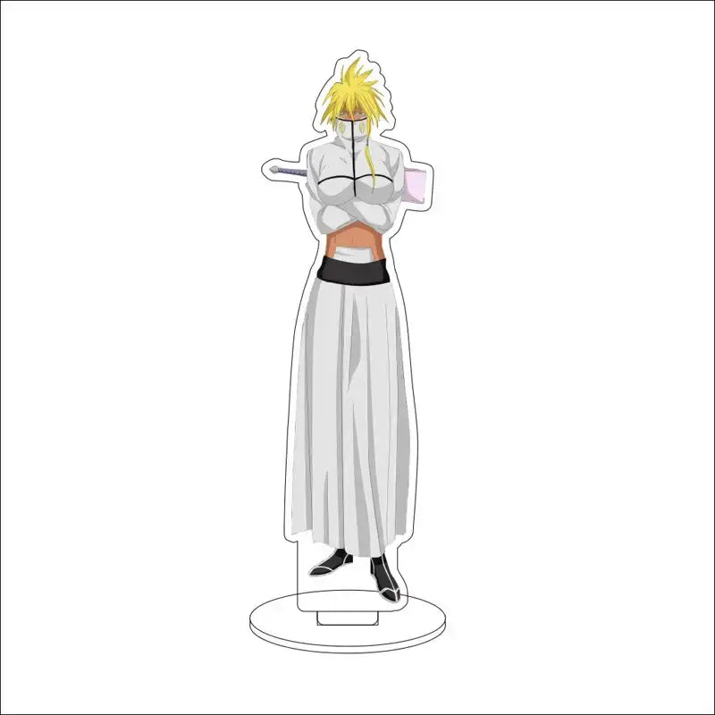 A translucent white acrylic stand figure of ichigo kurosaki from bleach with spiky blonde hair and shinigami uniform