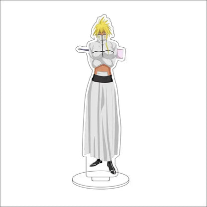 A translucent white acrylic stand figure of ichigo kurosaki from bleach with spiky blonde hair and shinigami uniform