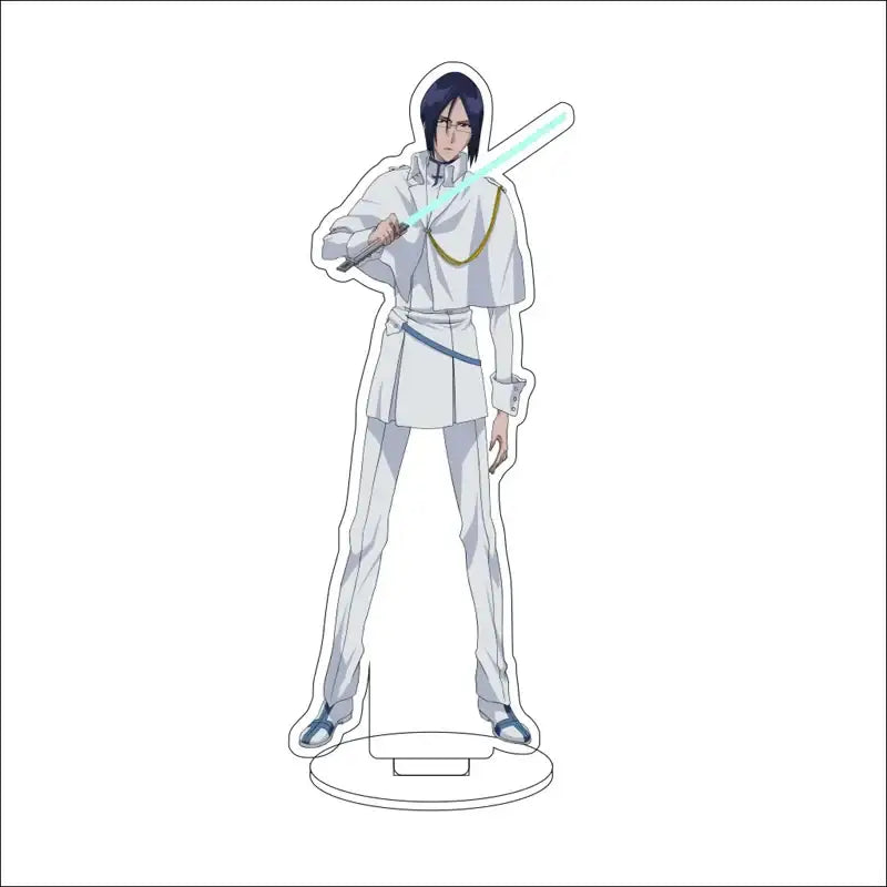 White acrylic stand acrylic stand figure of anime character in white uniform holding glowing blue sword from Bleach Isshin Yuzu Michiru