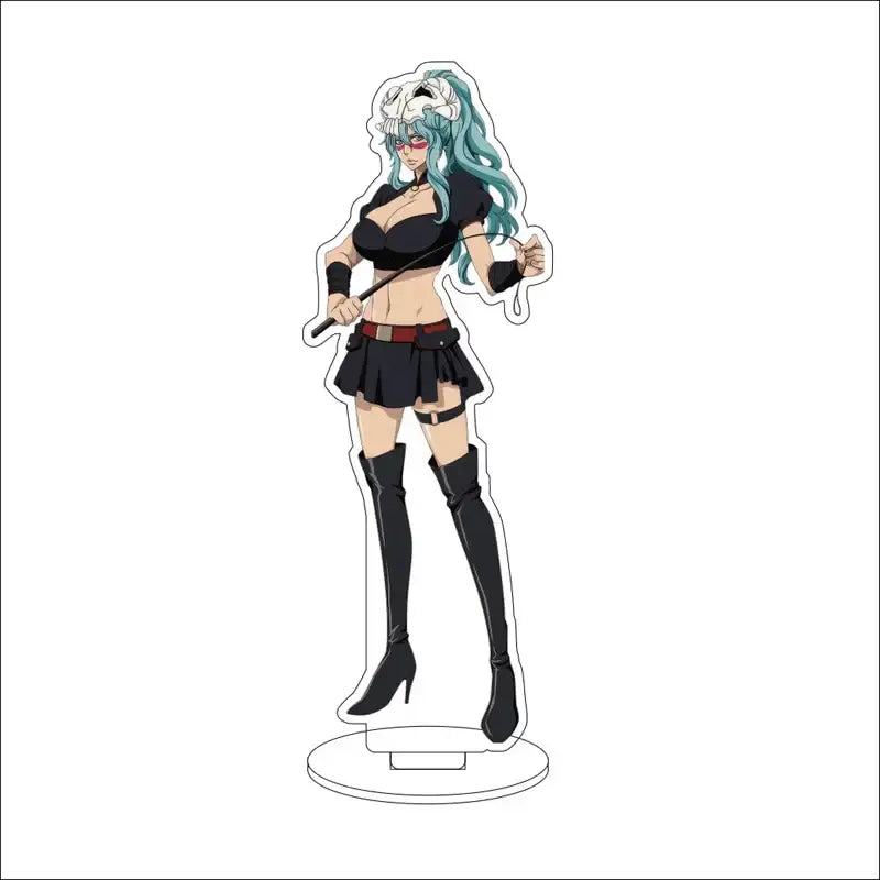 Clear acrylic stand figure featuring bleach anime character with teal hair black outfit and thigh-high boots