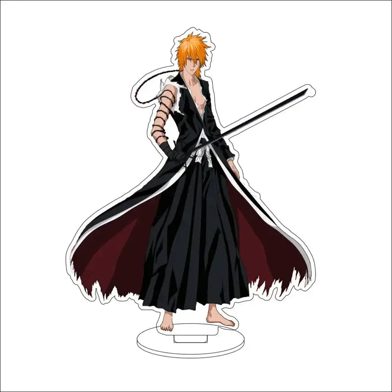 Orange-haired anime character acrylic stand figure in black and maroon coat with white trim standing barefoot on circular base