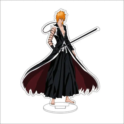 Orange-haired anime character acrylic stand figure in black and maroon coat with white trim standing barefoot on circular base