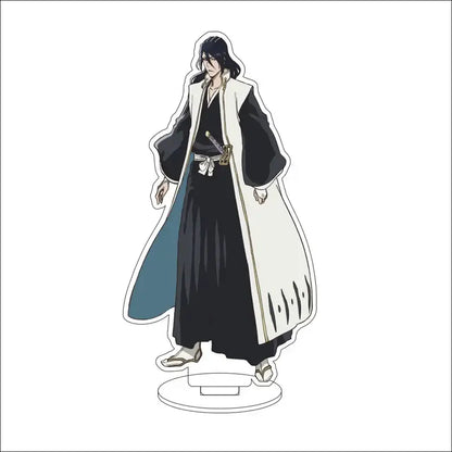 Black and white bleach isshin yuzu michiru acrylic stand figure with teal lined long coat on circular base