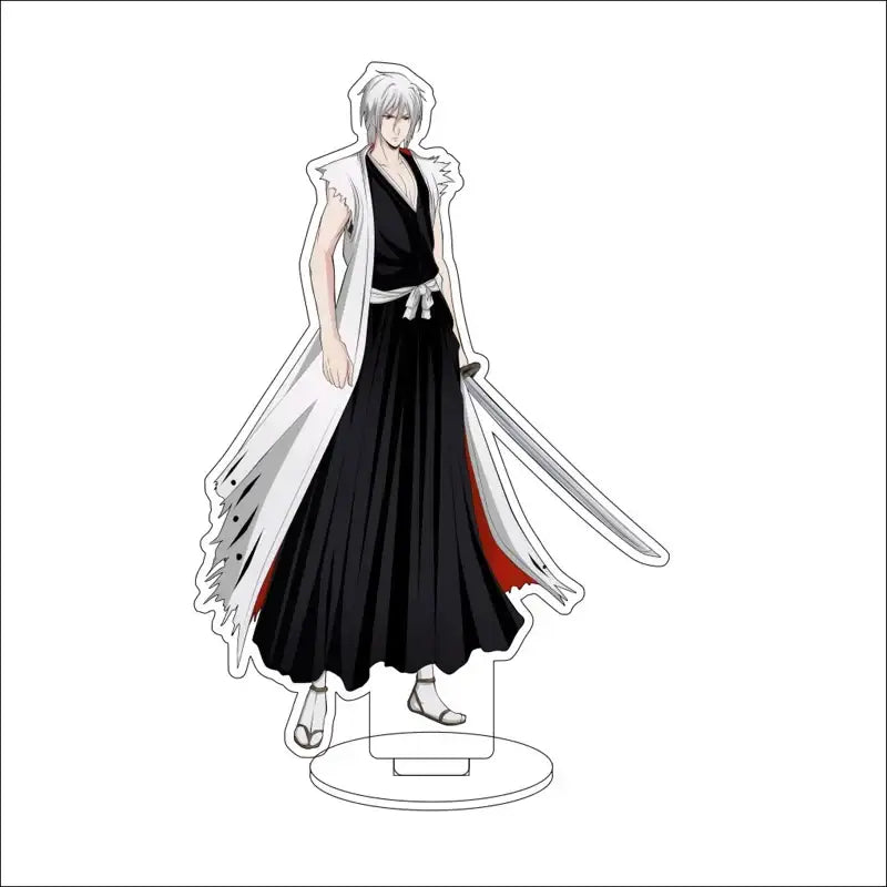 White and black acrylic stand figure of ichigo kurosaki from bleach in shinigami uniform with sword at his side