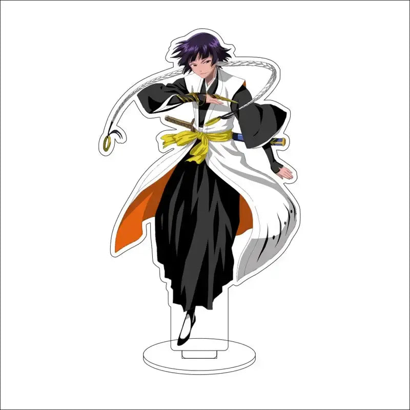 Bleach isshin yuzu michiru acrylic stand figures featuring a dynamic black and white anime figure with purple hair and sword