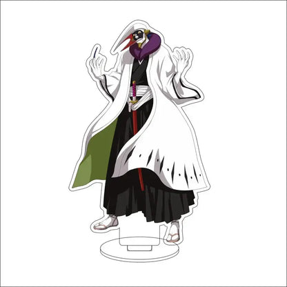White acrylic stand figure of ulquiorra cifer from bleach with long coat scarf skeletal face and sword at waist